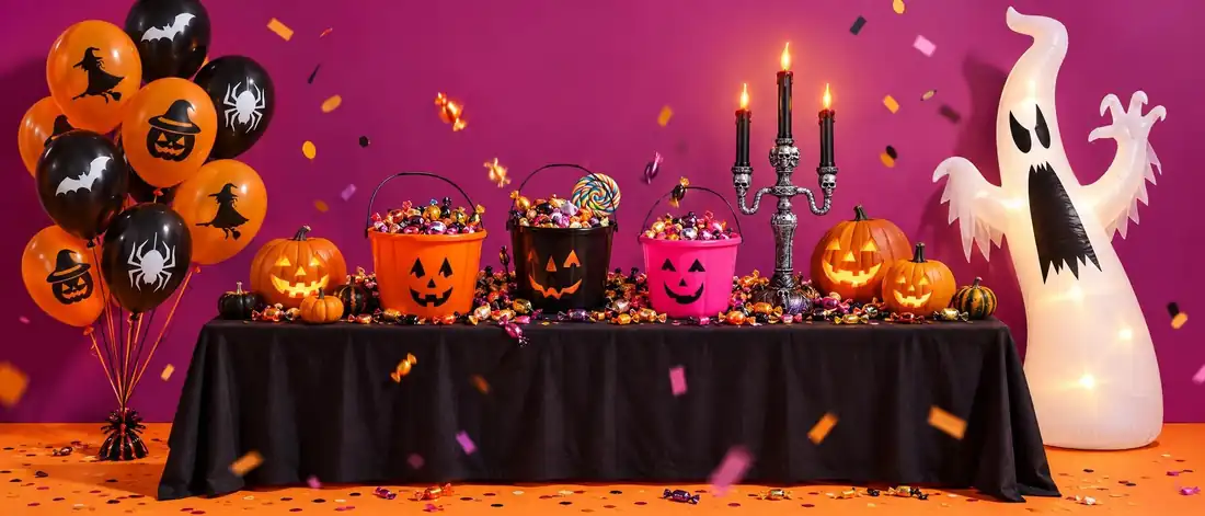 Halloweenfest med godishinkar, ballonger och ett uppblåsbart spöke
